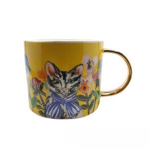 Anthropologie Floral Cat Mug with Gold Handle